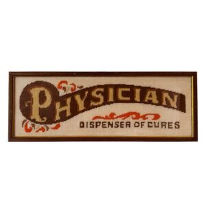 Vintage 1970s Framed Needlepoint “Physician – Dispenser of Cures” Wall Decor